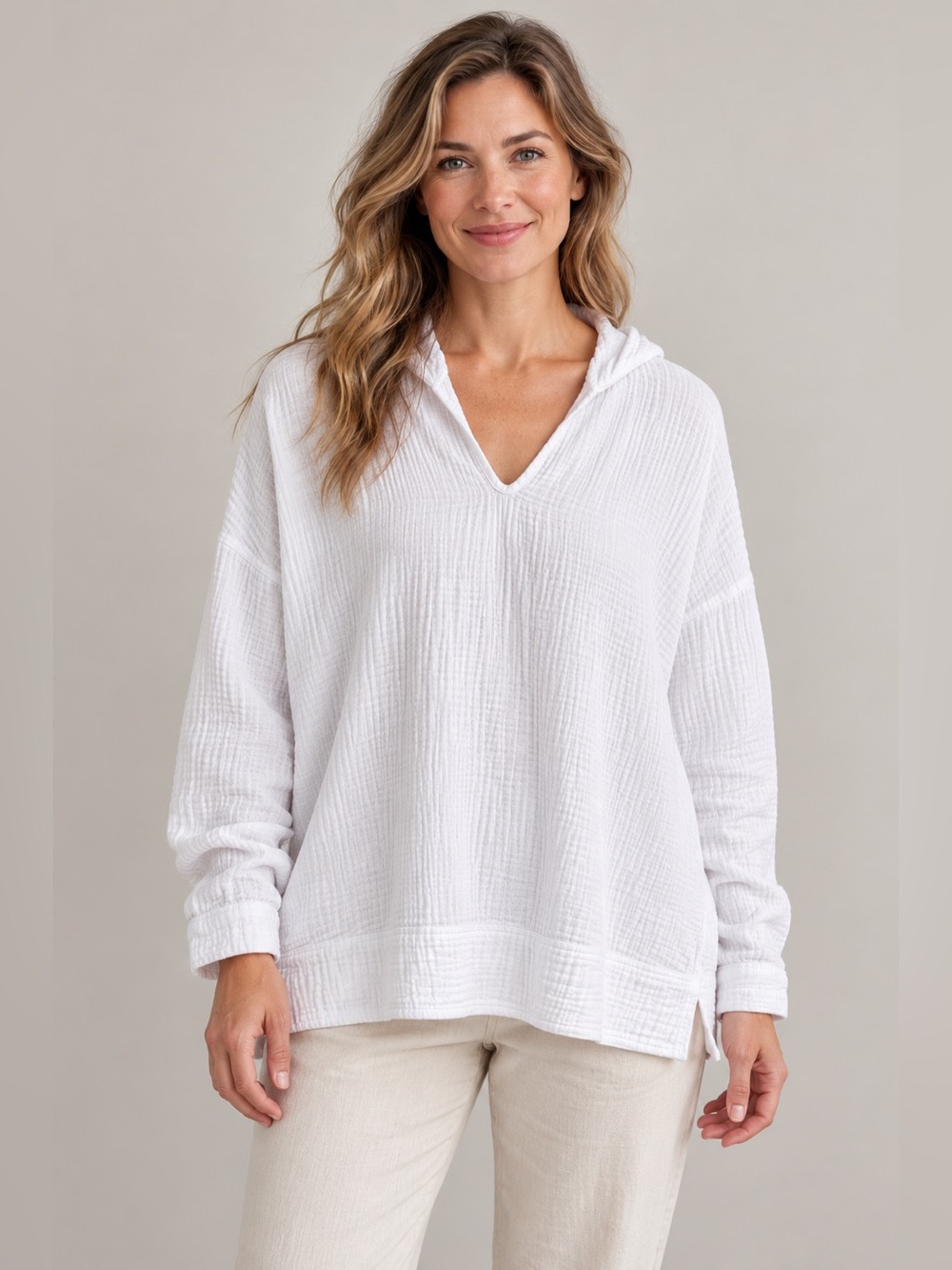 J.Jill White Cotton Gauze V-Neck Hoodie Pullover Women’s XL